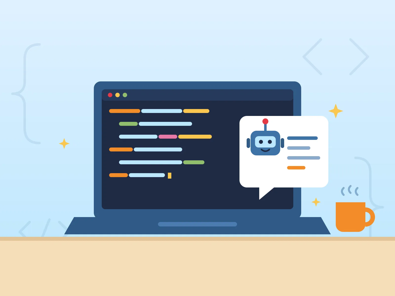 Ilustracja: laptop z kodem w Pythonie i dymek czatu z robotem — kurs programowania i AI